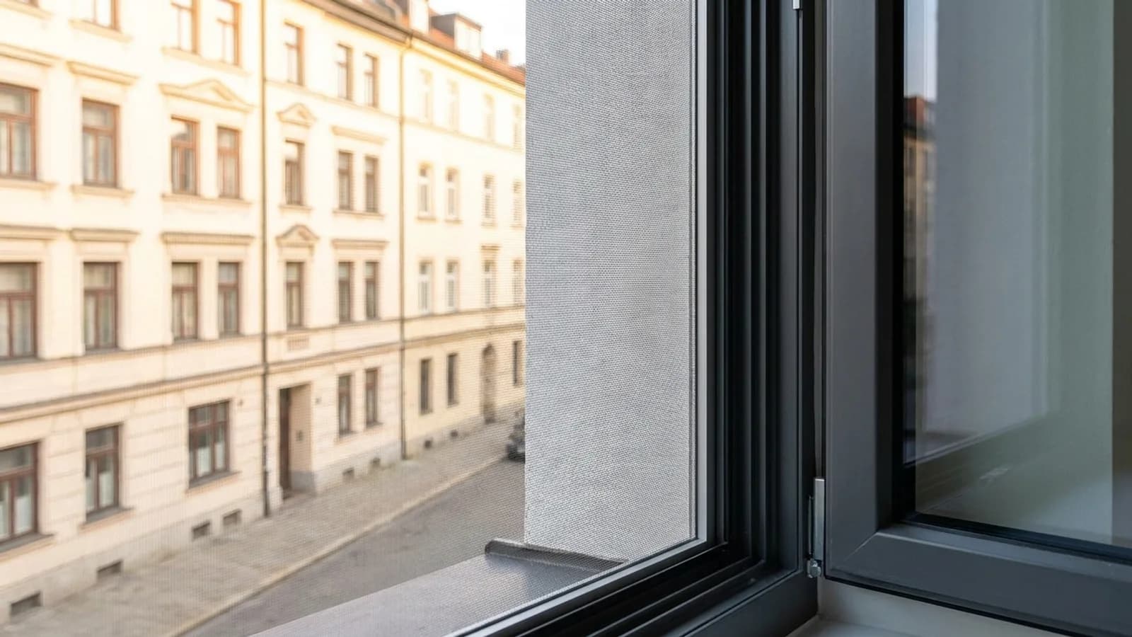 Maßgefertigter Insektenschutz im Fensterrahmen einer Münchner Altbauwohnung mit Blick auf die Fassade