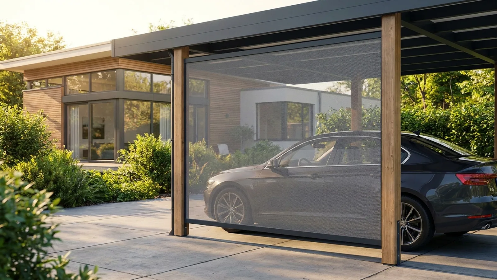 Insektenschutz-Gewebe als Seitenelement an einem modernen Carport mit Auto vor einem Einfamilienhaus