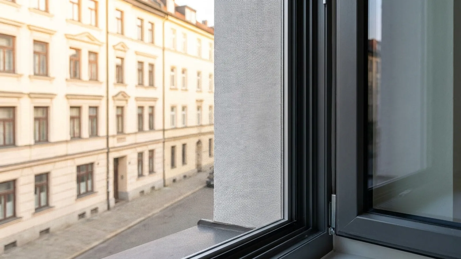 Maßgefertigter Insektenschutz im Fensterrahmen einer Münchner Altbauwohnung mit Blick auf die Fassade