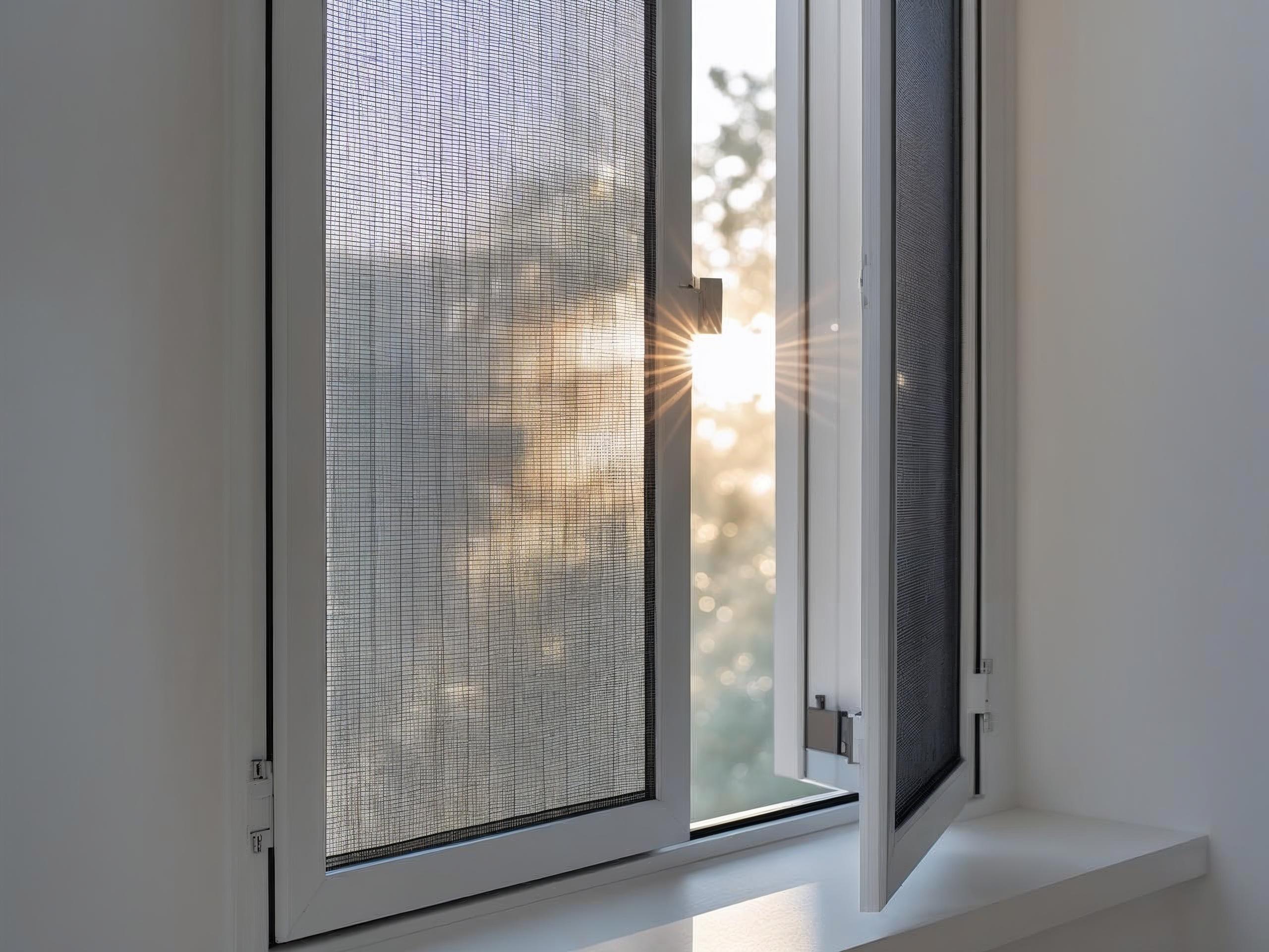 Fliegengitter an einem weißen Fenster mit Sonnenlicht
